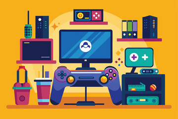 Poster - A vibrant gaming setup with a console, controllers, and colorful accessories creates an inviting atmosphere, Playing station