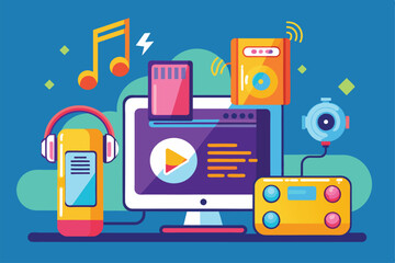 Poster - A vibrant collection of music and gaming devices is arranged on a computer desk, showcasing digital creativity, Play mp3 with computer concep flat illustration