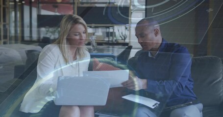 Poster - In modern office, business professionals discussing documents with digital animation overlay