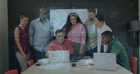 Poster - Collaborating in office, diverse team using laptops with digital data overlay
