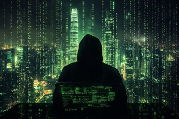 Poster - Mysterious Figure in Hoodie Working on Laptop in Neon Cityscape