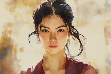 Poster - Portrait of a Young Woman with Expressive Features in Watercolor Style