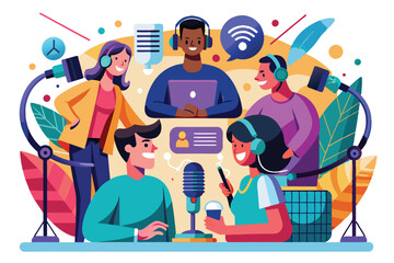 Poster - A group collaborates around a central microphone to brainstorm podcast audience engagement techniques, Podcast audience Customizable Disproportionate Illustration
