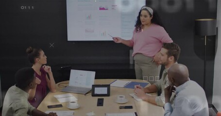Poster - Presenting financial data, businesswoman using animation in modern conference room