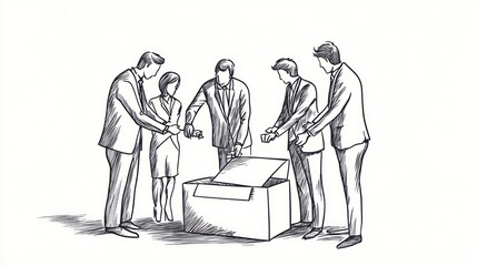 Poster - Business team opening a box, strategy meeting