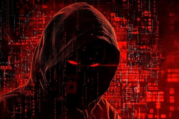 Poster - Mysterious Hooded Figure in Red Cyber Background with Glowing Eyes