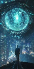 Poster - Man Observing Futuristic Portal Above City Skyline at Night