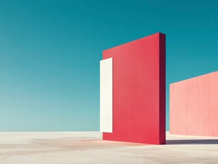 Poster - geometric harmony: a minimalist composition featuring vibrant red, pink, and white geometric forms.