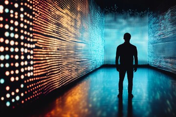 Poster - Person Silhouette Against Colorful Digital Light Background Display