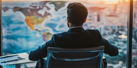 Poster - A man in a suit is sitting in a chair in front of a large map of the world