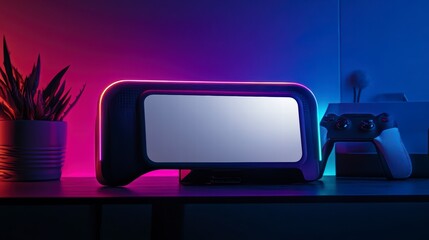Poster - Tech Display with Neon Glow: Modern technology, sleek design and futuristic aesthetics are highlighted on a tech display with neon-lit frame and controller. It's a blend of art and function. 