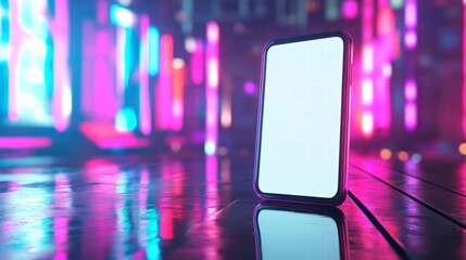 Poster - neon smartphone in a futuristic city: an illuminated smartphone, with a blank screen, stands tall in