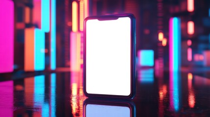 Poster - Digital Age: A sleek smartphone illuminated by vibrant neon lights, a minimalist and futuristic vision, the perfect backdrop for innovative digital content.