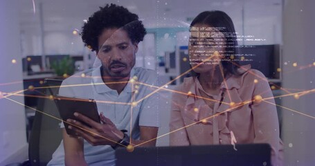Poster - Analyzing tablet data, diverse professionals in office with digital animation overlay