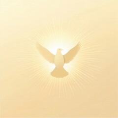 Poster - Minimalist icon featuring a white dove soaring against a radiant sun in soft golden hues
