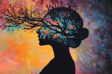 Poster - Modern Silhouette of Woman's Profile Merging with Colorful Trees