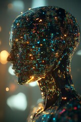 Poster - futuristic robot head with neon light reflections and digital effects