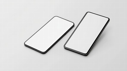 Poster - Modern Communication: Two smartphones with blank screens are laid at a slight angle on a surface, offering a sleek and minimalist aesthetic.