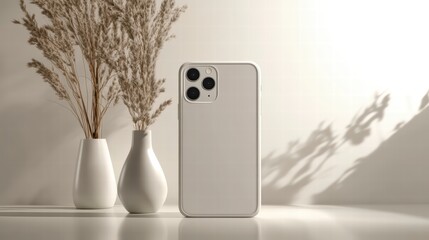 Poster - Minimalist Aesthetic: Smartphone and Ornamental Grass: An elegant smartphone rests beside minimalist ceramic vases with ornamental grass, casting shadows on the backdrop.