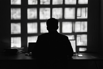 Poster - A man is sitting at a desk with two laptops in front of him