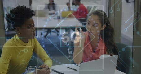 Poster - 5G technology animation over diverse colleagues discussing at office table