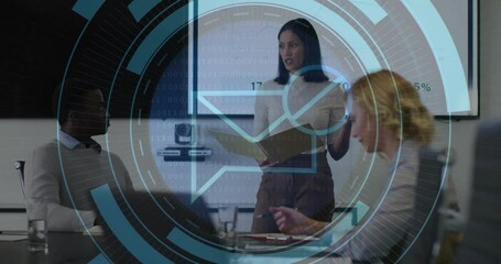 Poster - Business meeting with digital email icon and binary code overlay animation