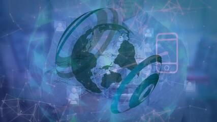 Poster - Animation of digital network connections and smartphone icons over rotating globe