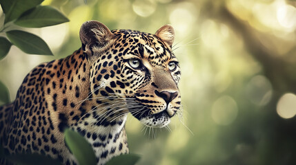 Wall Mural - majestic leopard portrait in blurred green savanna setting