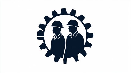 Poster - Two workers in gear, industrial teamwork, inside a large cog, possible use as logo