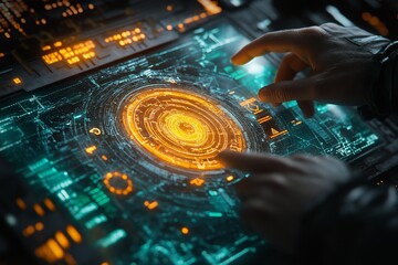 Poster - futuristic interface with hands interacting in a digital environment