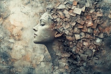 Poster - Artistic Expression of a Woman's Profile Surrounded by Fragments