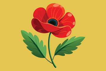 Poster - a striking red poppy flower with green leaves stands out against a bright yellow background, invitin