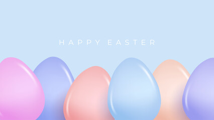 Poster - Happy Easter festive banner. Soft colored glossy Easter Eggs. Blue background. Vector illustration.