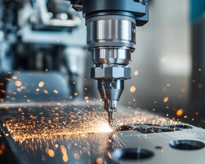 Poster - CNC Cutting Head in Action, Milling Metal with Precise Detail and Sparks, Industry 4.0