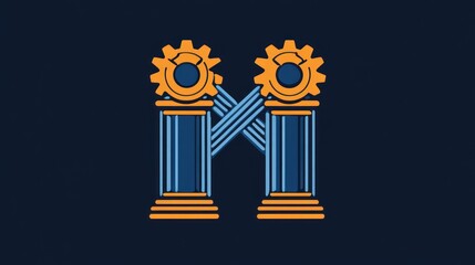 Poster - Abstract letter M, pillars, gears, dark background, graphic design, logo concept, visual art