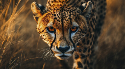 Wall Mural - cheetah prowling through tall grass with intense gaze