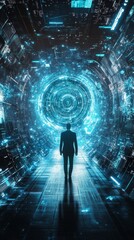 Poster - Mysterious Figure Walking Through Sci-Fi Digital Portal Design
