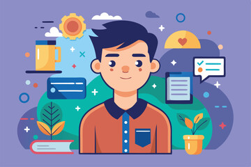 Poster - A young man stands in a vibrant environment, filled with design elements symbolizing creativity and productivity, Portfolio Customizable Flat Illustration