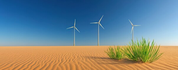ecological impact climate recovery concept. wind turbines in a sandy landscape under a clear blue sk