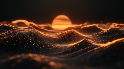 Poster - Sunset over glowing digital landscape, particle background