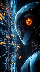 Poster - Futuristic Robot Facing Neon Data Stream in Dark Environment