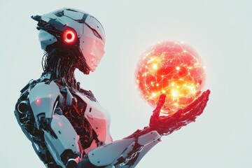Poster - futuristic robot holding glowing digital globe with connections