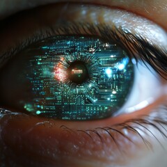 Poster - Futuristic Close-Up of an Eye with Circuit Patterns and Technology Glow