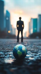 Poster - A man stands in front of a globe on a city street