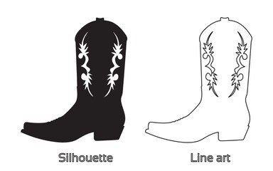 cowboy boots and western hat, set of rodeo cowboy silhouette,vector illustration. cowboy boot line a