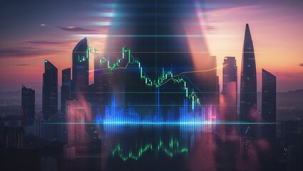 Poster - City skyline at dusk with stock market trends displayed on a digital screen