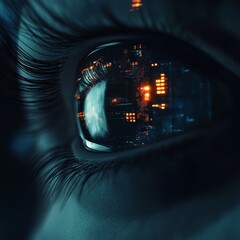 Poster - A close up of a person's eye with a city reflected in it