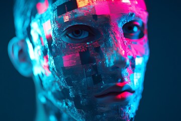 Poster - Futuristic Portrait with Reflective Mask and Neon Lighting Effects