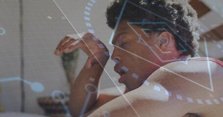 Poster - Resting man with digital animation of data and geometric shapes overlaying him