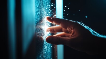 Poster - Touching a luminous surface at night while creating a mesmerizing display of light and particles